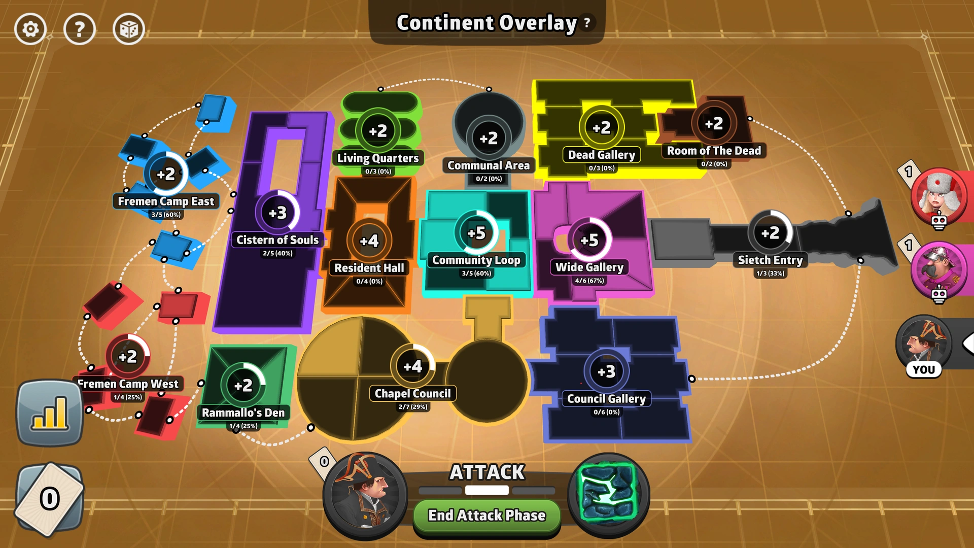 Sietch Tabr map from Risk: Global Domination, displaying key regions and troop bonuses.