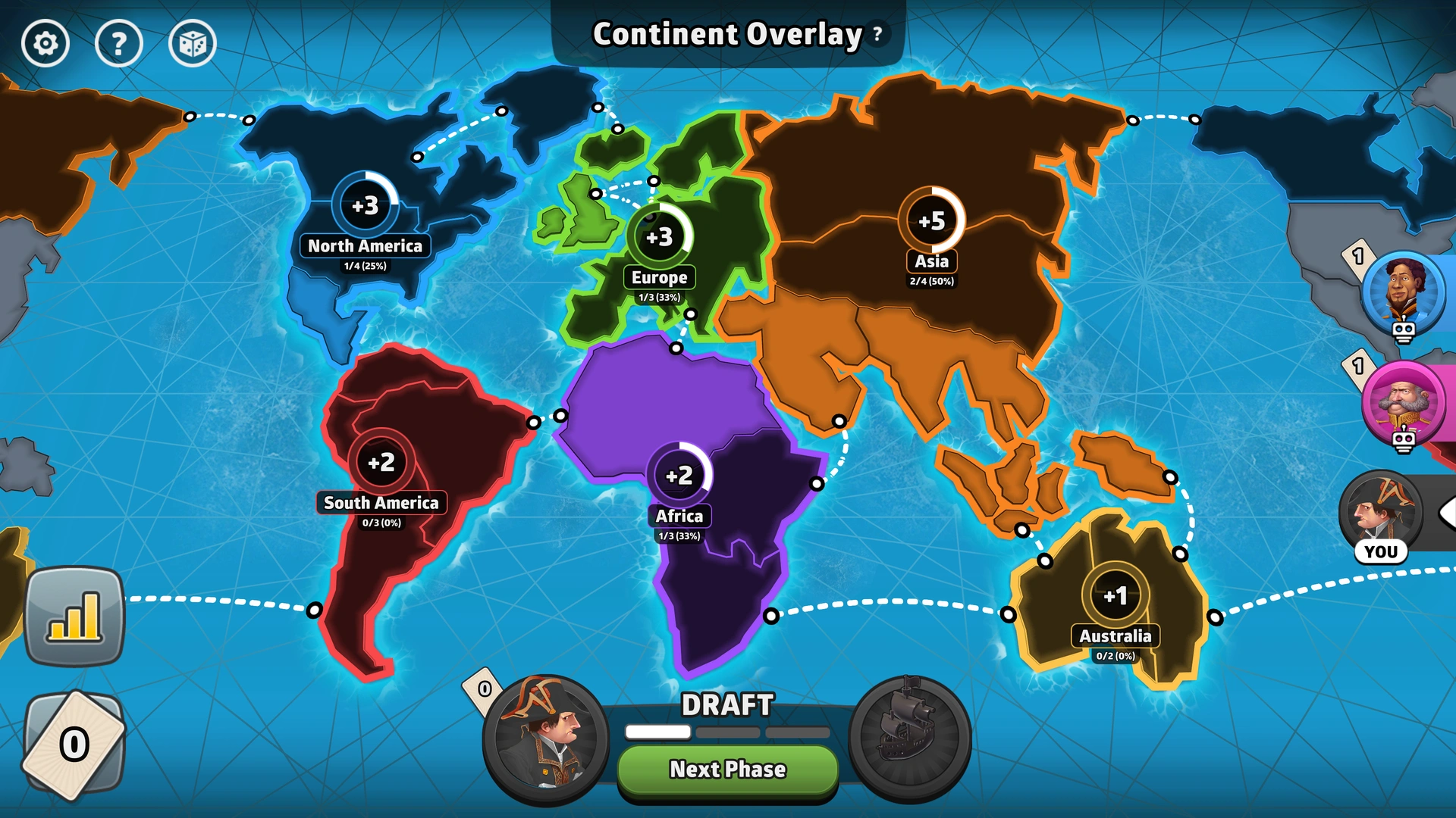 Simple World map from Risk: Global Domination, displaying key regions and troop bonuses.