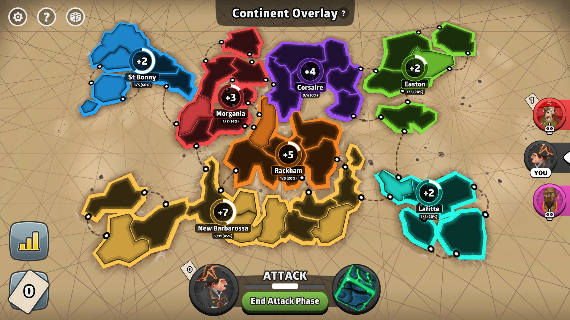 Skull & Crossbones map from Risk: Global Domination, displaying key regions and troop bonuses.