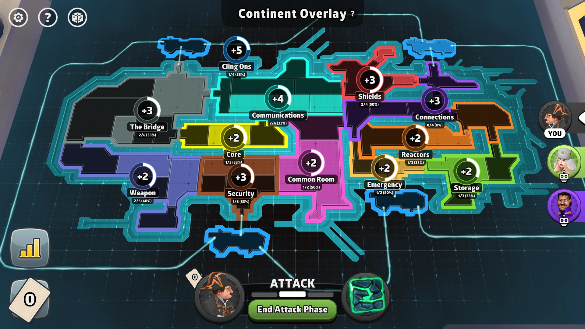 SMG Spaceport map from Risk: Global Domination, displaying key regions and troop bonuses.