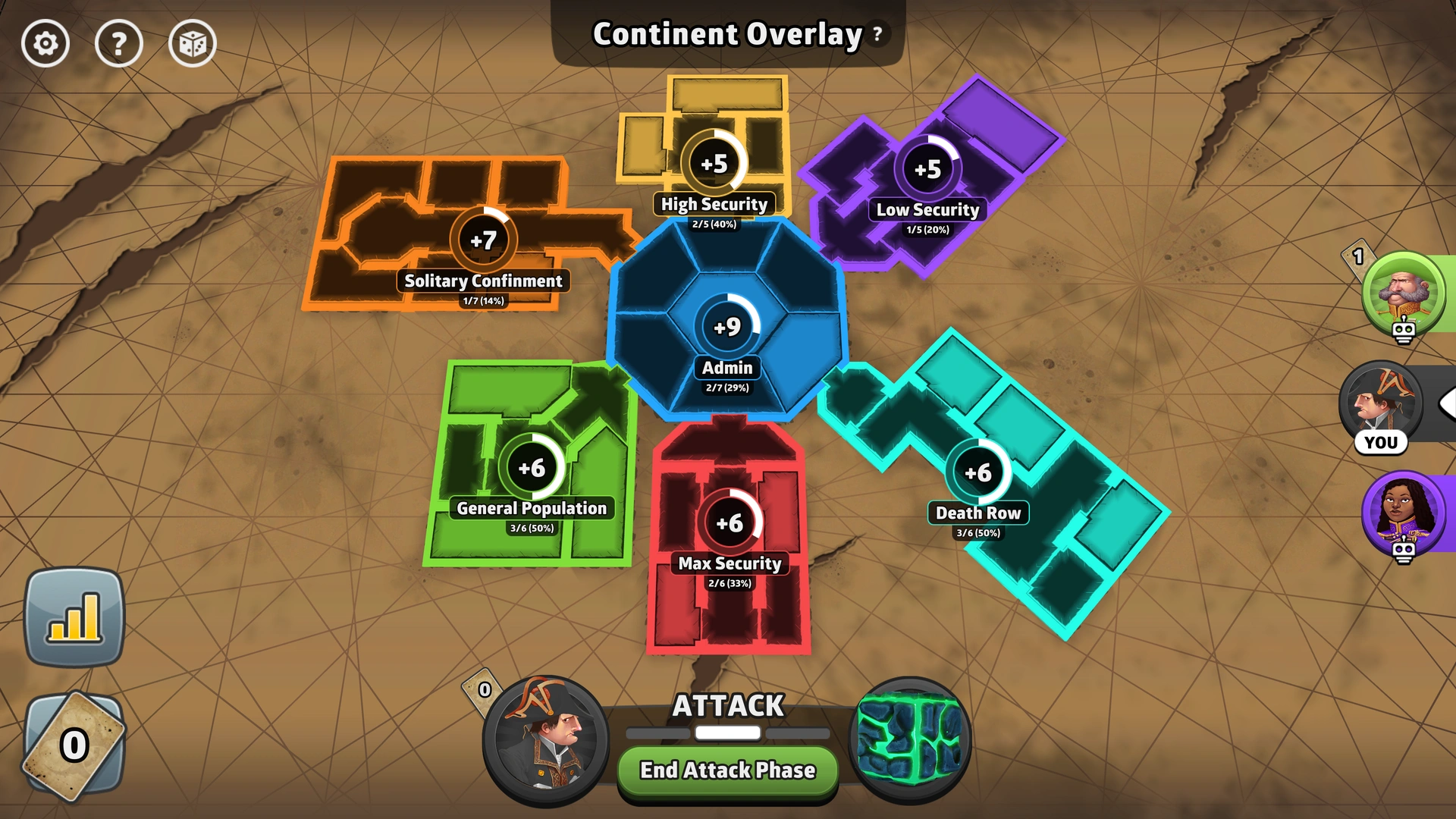 Supermax Prison map from Risk: Global Domination, displaying key regions and troop bonuses.