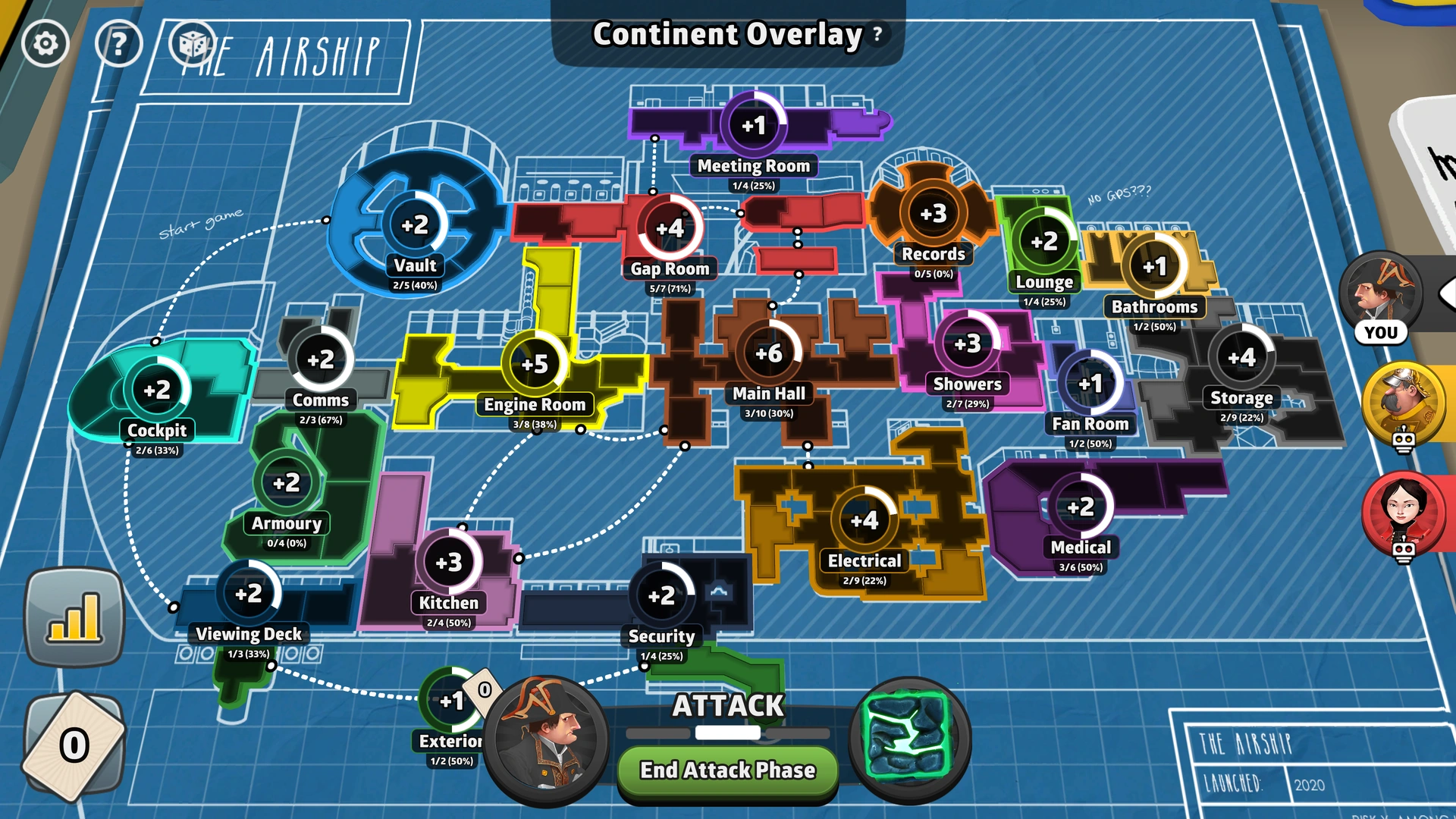 The Airship map from Risk: Global Domination, displaying regions with troop bonuses.