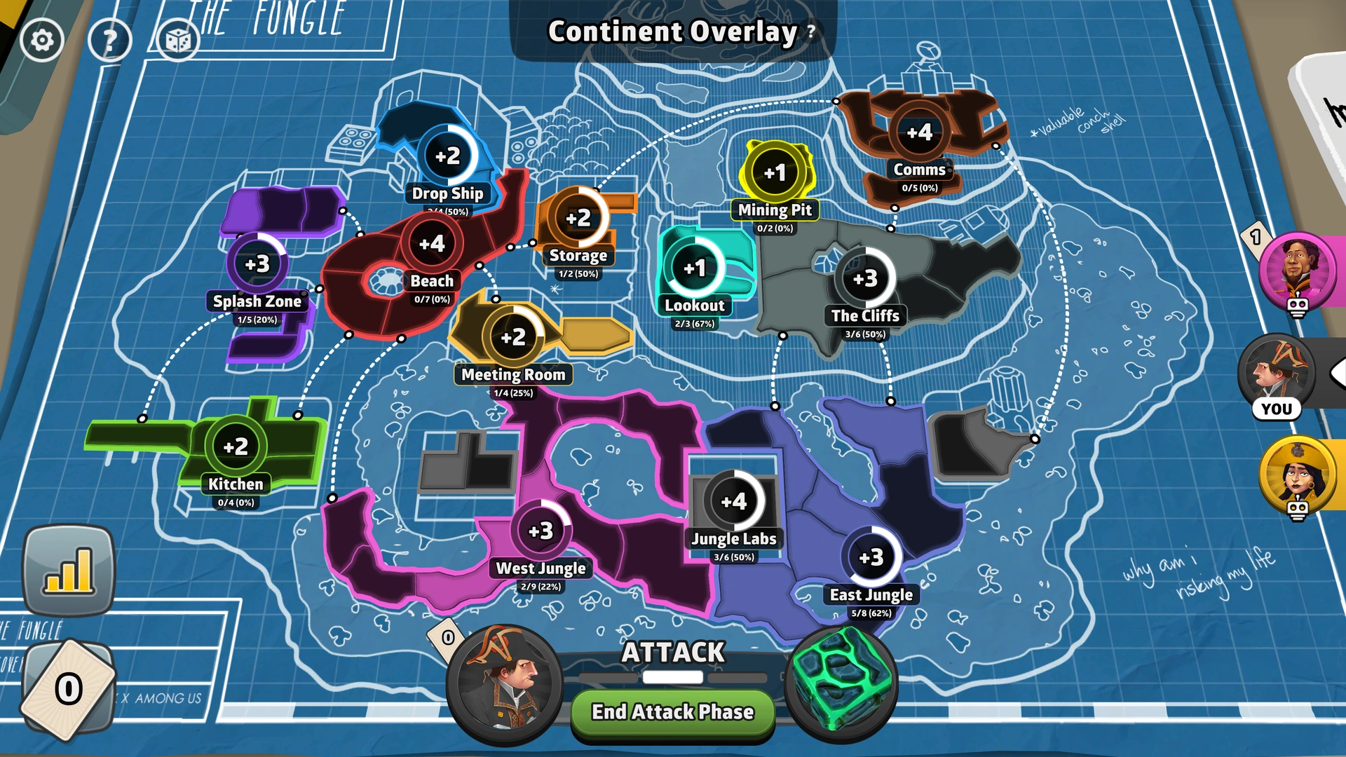 The Fungle map from Risk: Global Domination, displaying regions with troop bonuses.