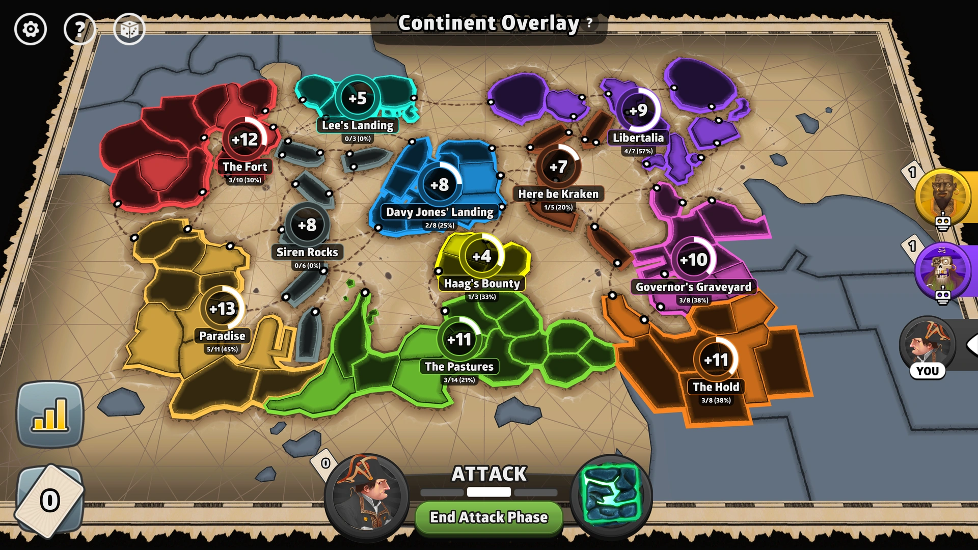 The Pirate's Bay map from Risk: Global Domination, displaying regions with troop bonuses.