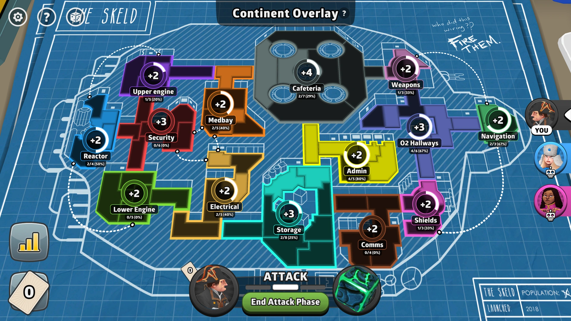 The Skeld map from Risk: Global Domination, displaying key regions and troop bonuses.