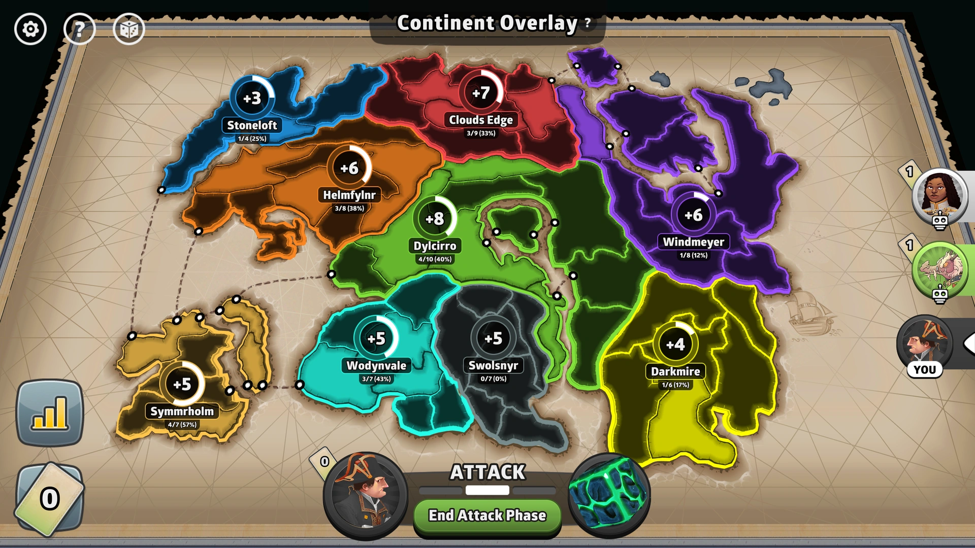 The Younger Scrolls map from Risk: Global Domination, displaying key regions and troop bonuses.