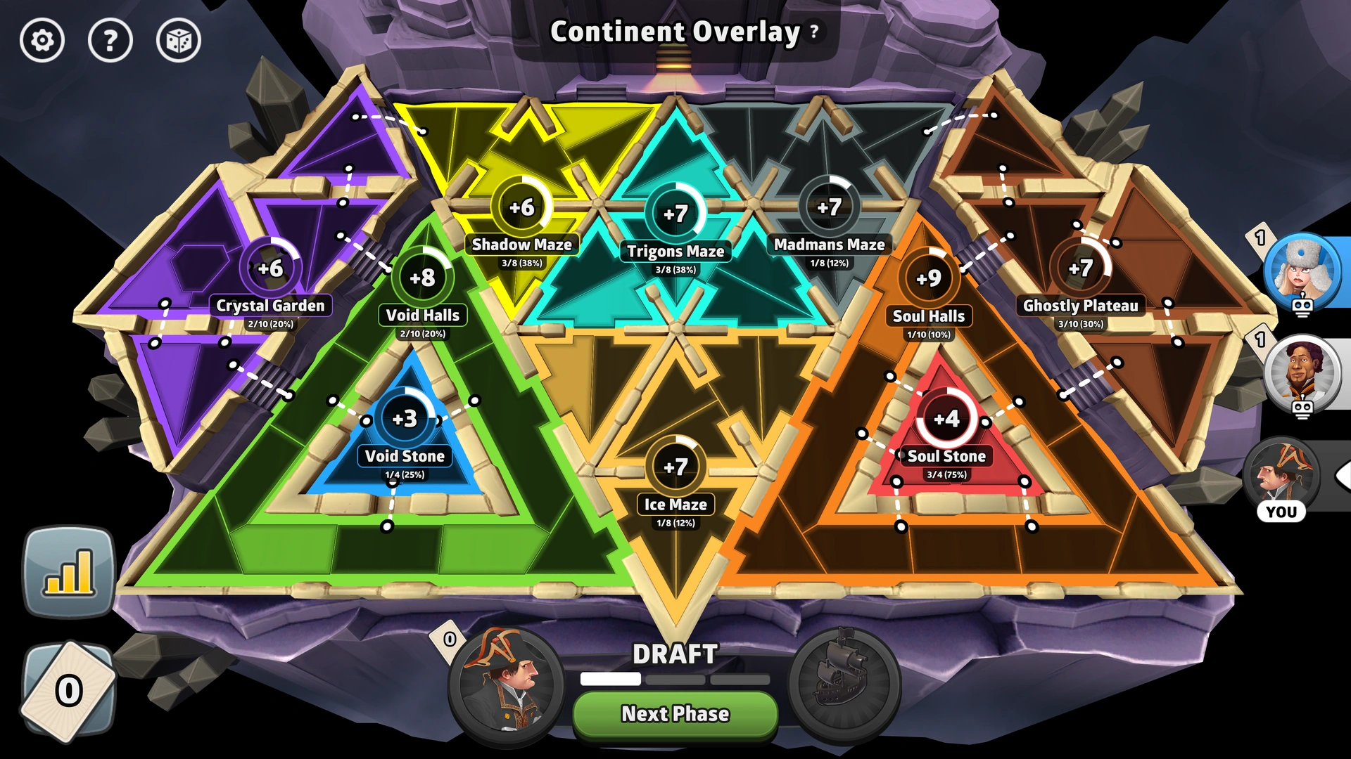 Trigon's Labyrinth map from Risk: Global Domination, displaying key regions and troop bonuses.