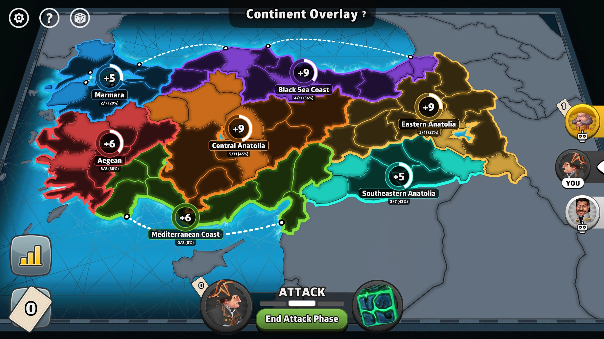 Turkey map from Risk: Global Domination, displaying key regions and troop bonuses.