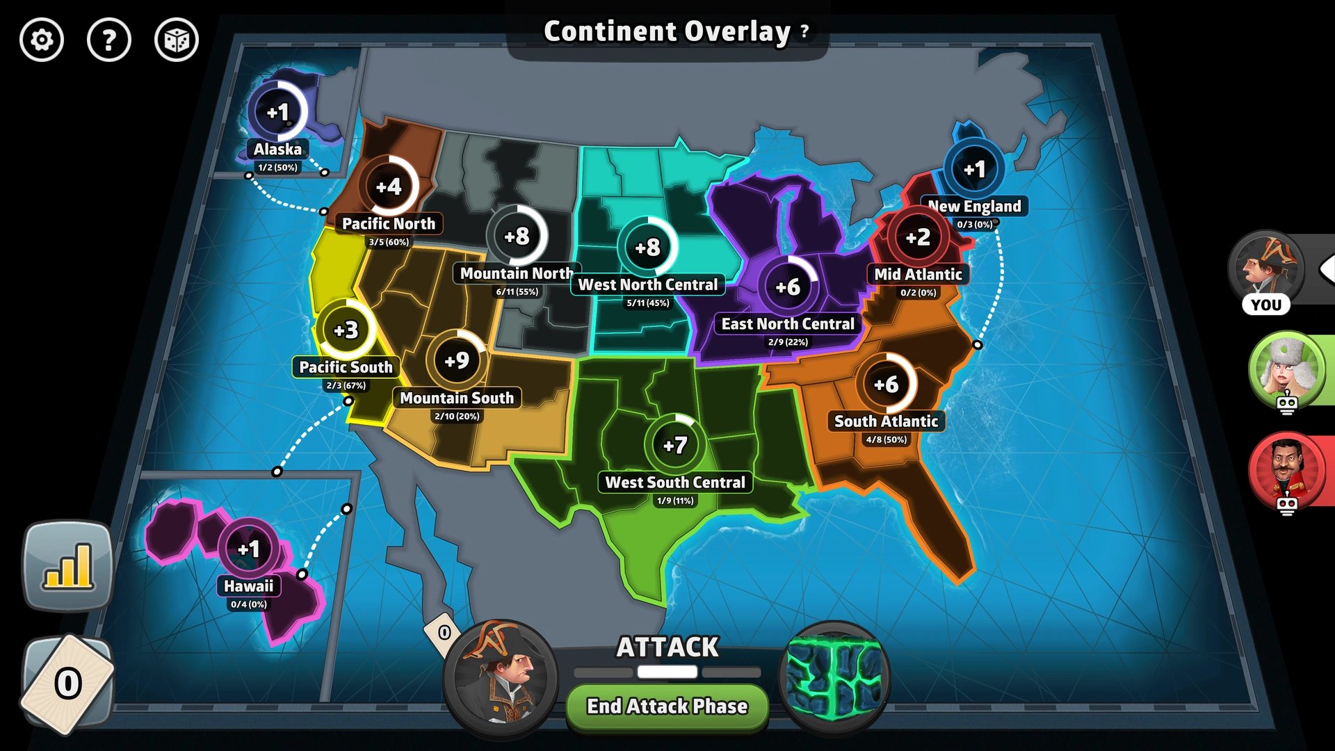 United States Advanced map from Risk: Global Domination, displaying key regions and troop bonuses.