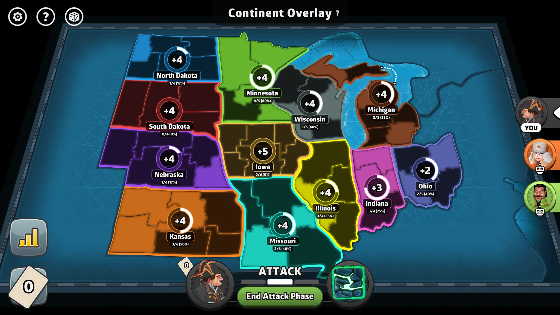 US Midwest map from Risk: Global Domination, displaying key regions and troop bonuses.