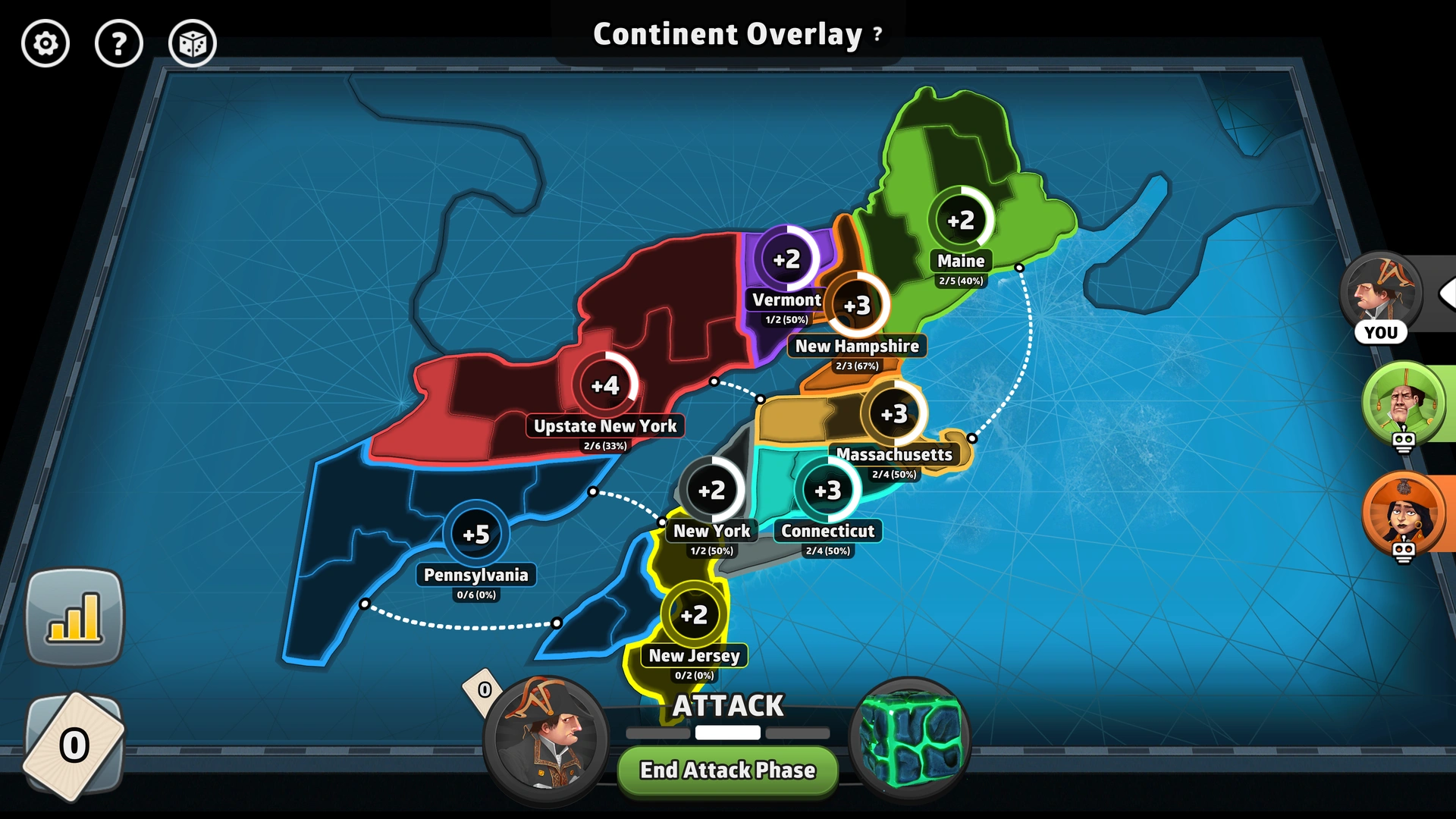 US Northeast map from Risk: Global Domination, displaying key regions and troop bonuses.