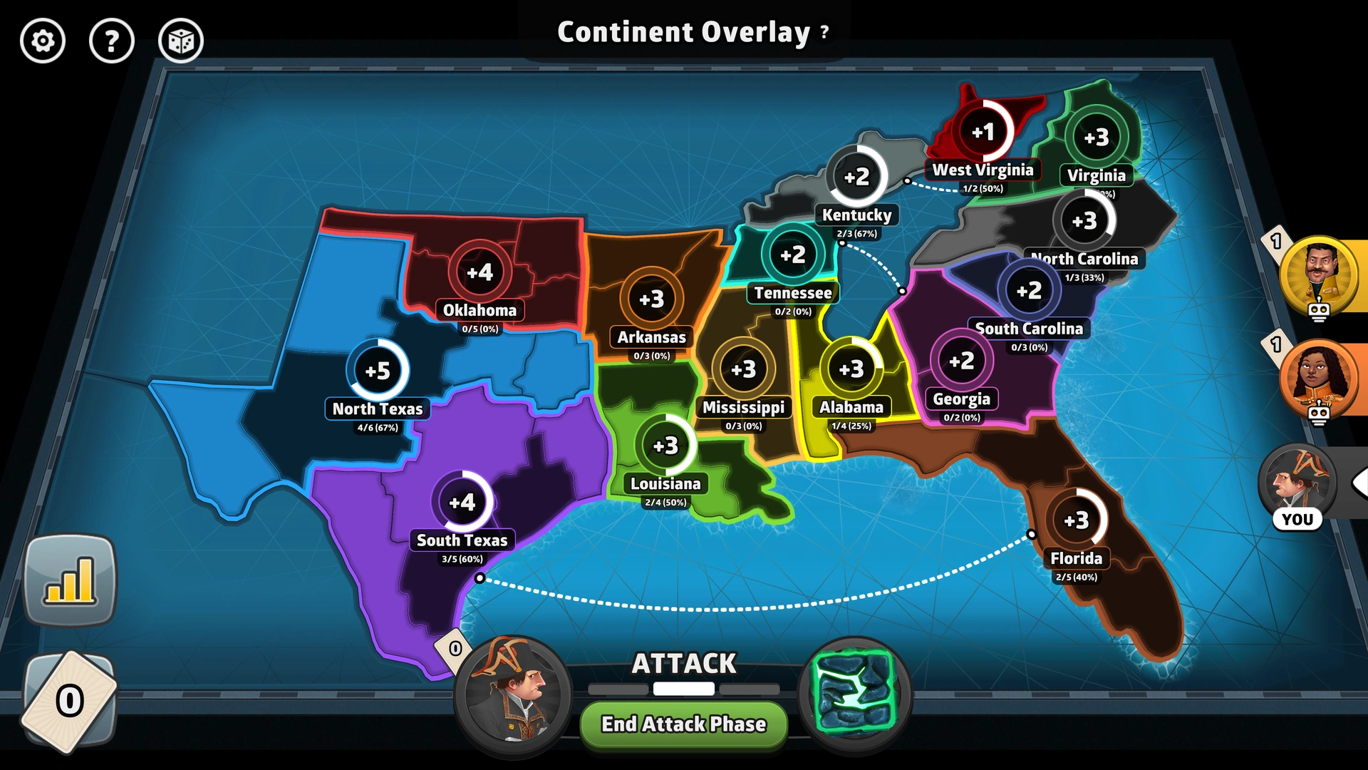 US South map from Risk: Global Domination, displaying key regions and troop bonuses.