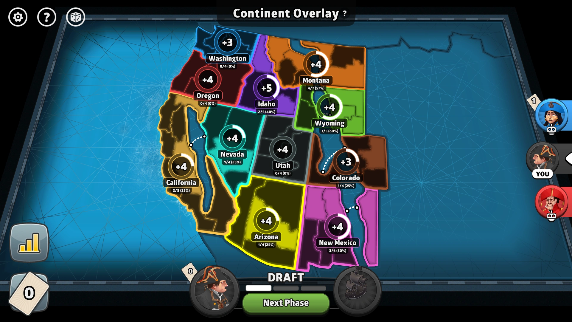 US West map from Risk: Global Domination, displaying key regions and troop bonuses.
