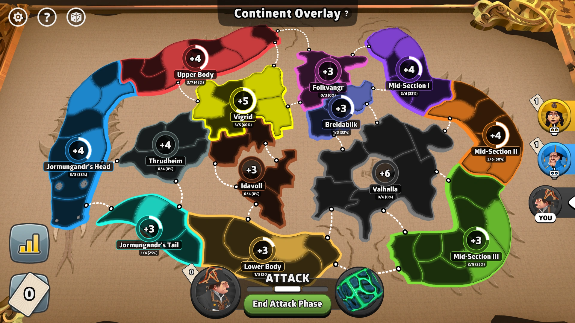 Way to Valhalla map from Risk: Global Domination, displaying key regions and troop bonuses.
