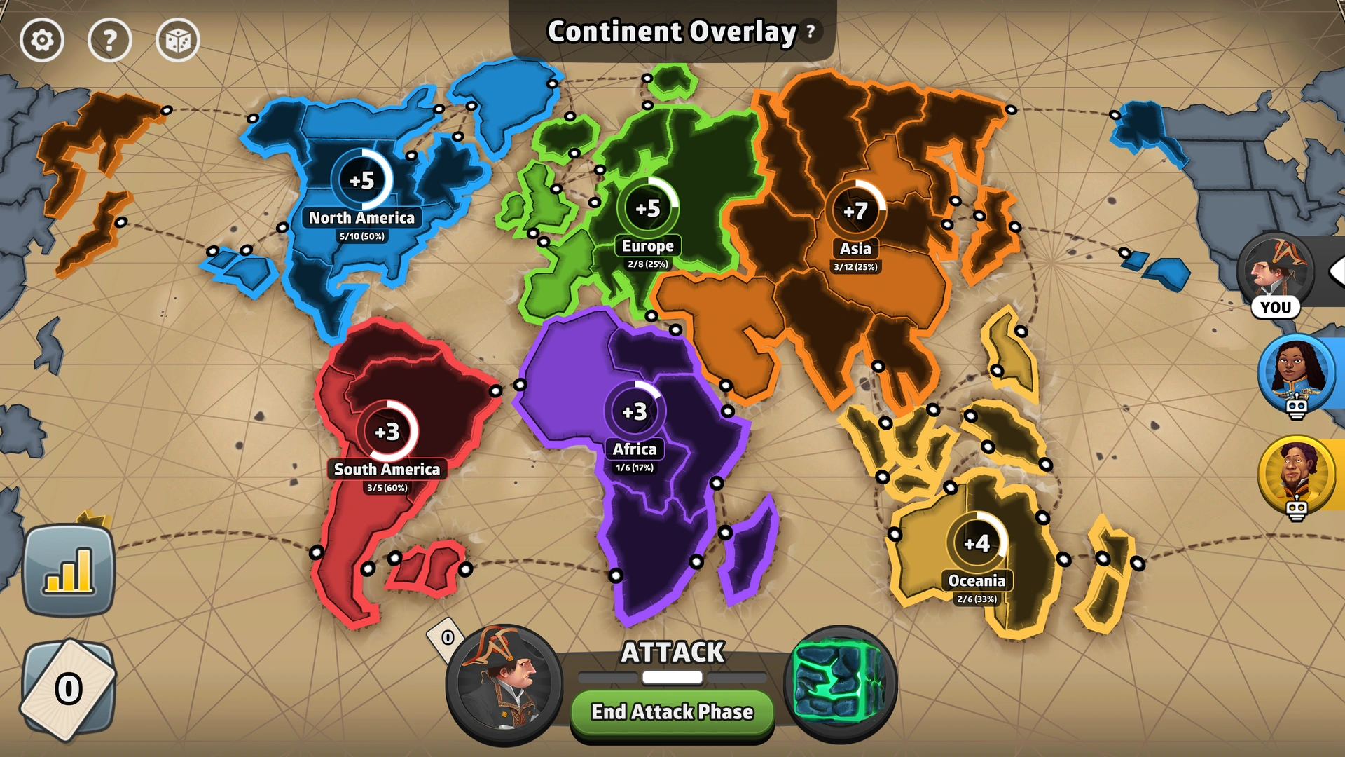 World Conquest map from Risk: Global Domination, displaying regions with troop bonuses.