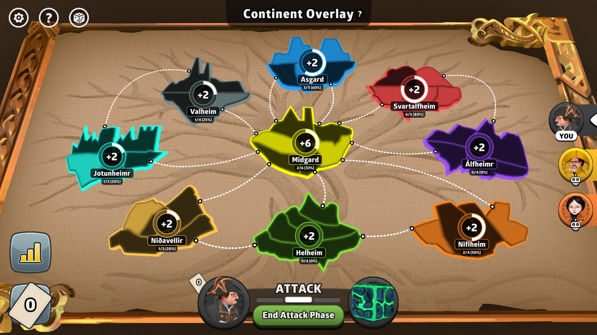 Yggdrasil map from Risk: Global Domination, displaying key regions and troop bonuses.